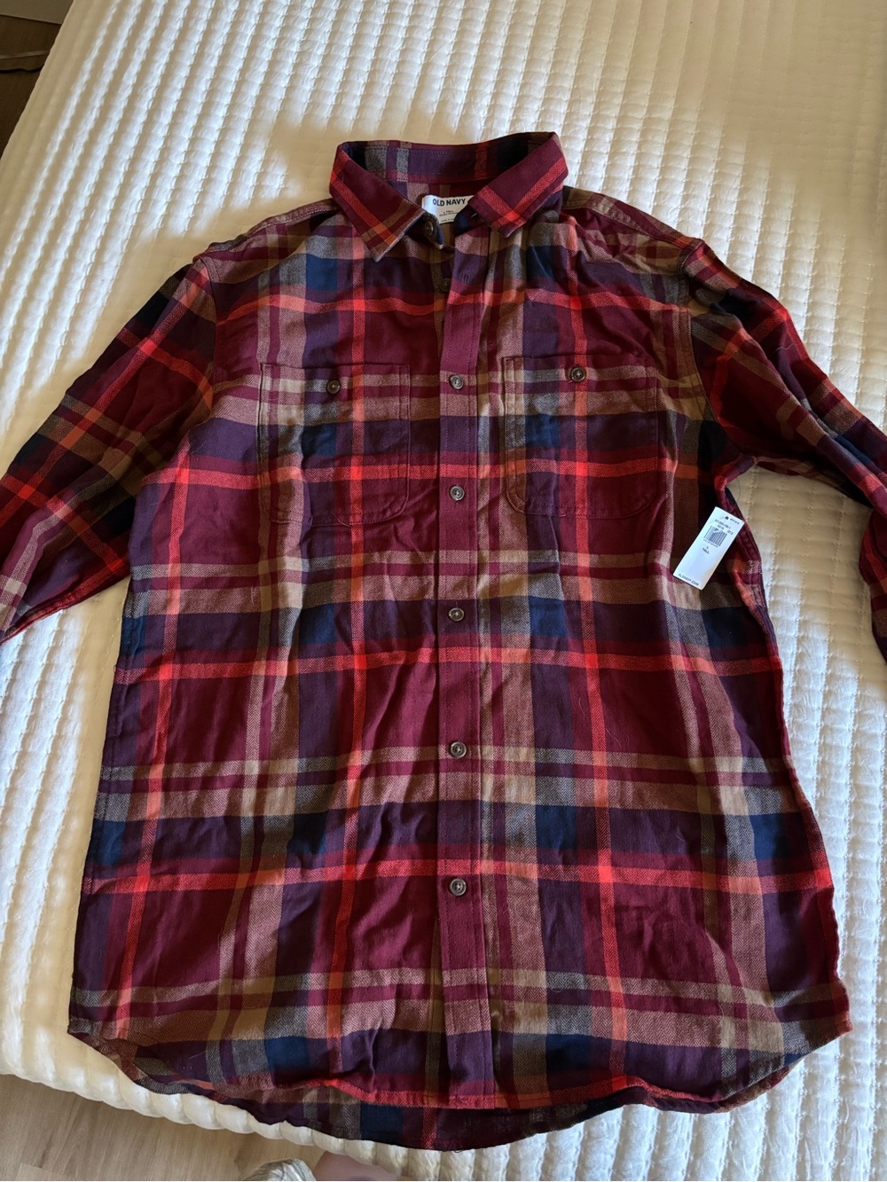 Old Navy Men’s Burgundy and Navy Plaid Button-Down Shirt